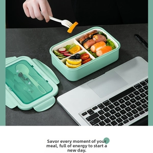 Detail of light green microwaveable lunch box with cutlery storage and food compartments