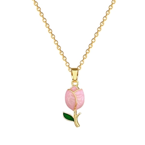 Elegant gold titanium steel necklace with pink tulip flower pendant and green leaf