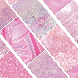 Detail of pink and purple waterproof stickers with glitter, silk, and laser textures