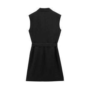 Back view of a black sleeveless blazer dress featuring a waist belt and lapel collar