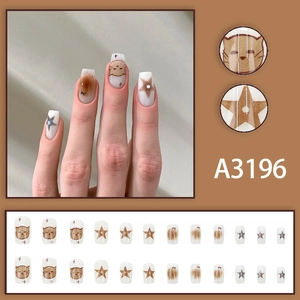Brown cat and star press-on nails set with 24 pieces in a stylish square-oval shape