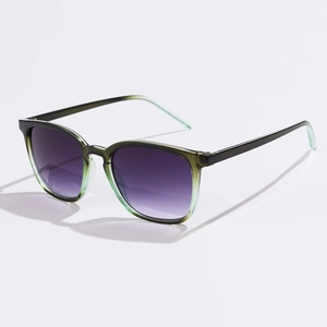 Detail view of square sunglasses with olive to mint green gradient frame and purple lenses