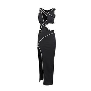 Sexy black sleeveless cutout maxi dress with pearl trim and high side slit detail