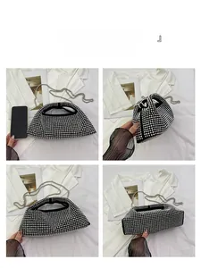 Detailed 4-angle views of black rhinestone evening handbag with silver chain and handle
