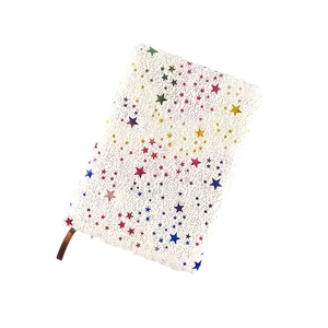 Cute white plush notebook with gold foil rainbow star patterns and soft fuzzy fabric cover