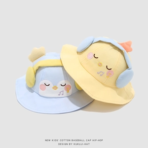 Cute kids cotton sun hat with cartoon penguin and 3D headphones design in yellow and blue