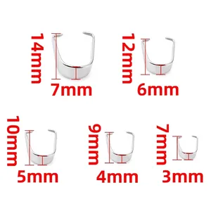 Various sizes of stainless steel pinch bails for necklaces, ranging from 7mm to 14mm height