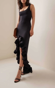 Ruffle Irregular Hem Maxi Dress Sleeveless U-Neck Bodycon Polyester Solid Color Sexy Evening Party Slim Fit