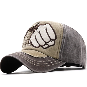 Vintage Distressed Washed Cotton Baseball Cap Fist Embroidery Patchwork Adjustable Retro Streetwear Hat For Men Women