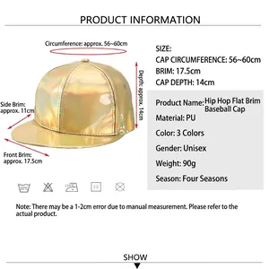 Golden mirror finish PU leather hip hop baseball cap with flat brim and adjustable size