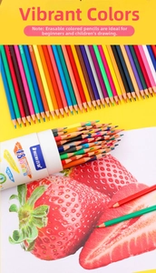 Detail of 48 erasable colored pencils showing vibrant strawberry drawing and paper texture