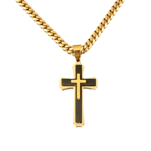 Men's gold cuban chain necklace featuring a layered gold and black cross pendant