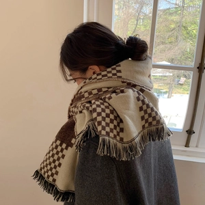 British style checkered plaid scarf in brown and beige with tassels for winter