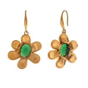 Vintage 18K gold-plated floral earrings with green oval gemstones on white background