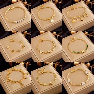 Butterfly Artificial Pearl Flower Bracelet Gold Plated Stainless Steel Snake Chain Adjustable Zircon Jewelry For Women Elegant