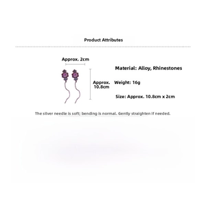 Detail view of purple rhinestone long tassel earrings showing 10.8cm by 2cm dimensions