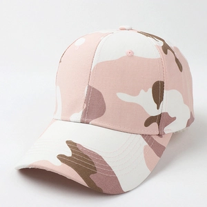 Detail of pink camouflage cotton baseball cap with six-panel crown and curved brim