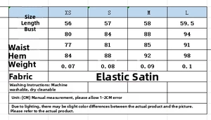 Size chart for satin halter top showing XS to L measurements in centimeters
