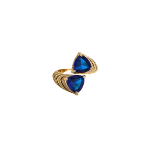 Elegant gold ring featuring double blue triangle gemstones in a geometric French style