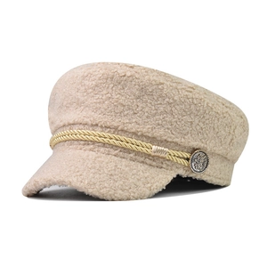 Women Newsboy Hat Sherpa Wool Faux Leather Brim Vintage Metal Button Winter Warm Baker Boy Cap British Style