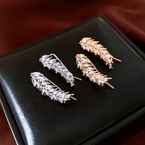 Wheat Ear Leaf Ear Crawler Earrings With Zircon And Faux Artificial Pearl 925 Sterling Silver Earring Post Elegant For Women