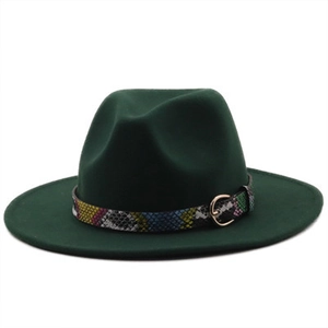 Detailed view of dark green wool fedora hat featuring a colored snakeskin band and gold buckle