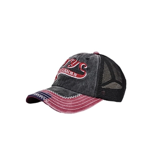 Vintage NYC embroidery trucker hat in washed dark grey and burgundy mesh design