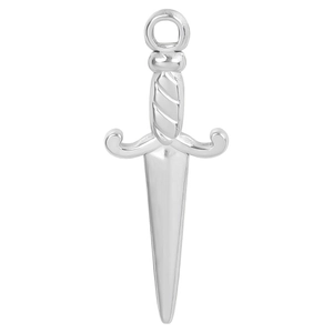 Polished silver dagger pendant with spiral textured hilt and circular hanging ring