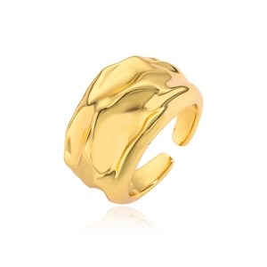 Adjustable gold plated open ring featuring unique irregular lava texture and metallic folds