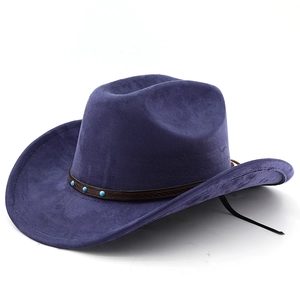 Detail of faux suede western cowboy hat with turquoise beads on a leather band
