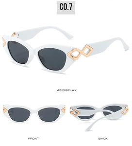Detailsicht der weißen Katzenaugen-Sonnenbrille mit goldenen Metall-Tempel-Akzenten