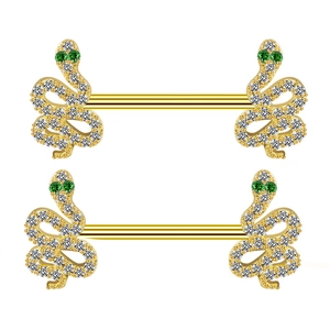 Paire de piercings téton serpent dorés avec zircons blancs et yeux en pierre verte