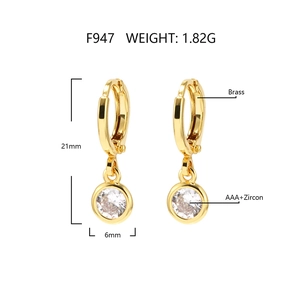 Detail view of gold-plated hoop earrings with AAA zircon charms and size measurements