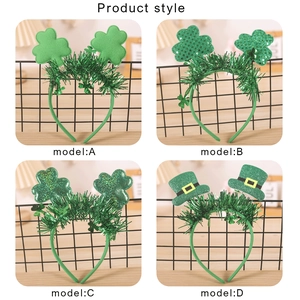 Detailed views of four St. Patrick's Day headbands with green clover and sequin designs