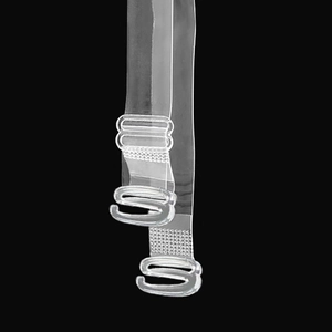 Close-up of clear matte TPU bra straps with adjustable buckles and hooks on black backdrop