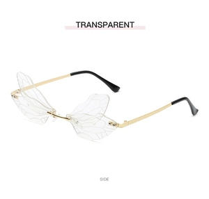 Side view of rimless butterfly wing sunglasses with transparent lenses and gold metal frame
