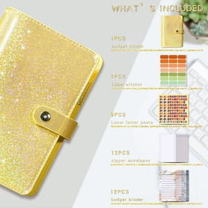 Yellow glitter PU leather A6 budget binder set with laser stickers and zipper envelopes