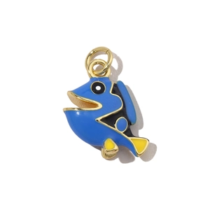 Detail of a blue fish charm with yellow accents and a golden metal jump ring