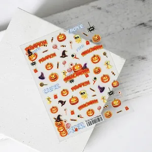 Self-adhesive 5D Halloween nail art stickers with pumpkin, ghost and skull designs