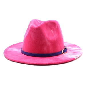Hot pink tie-dye wool fedora hat with blue leather band and gold metal buckle detail