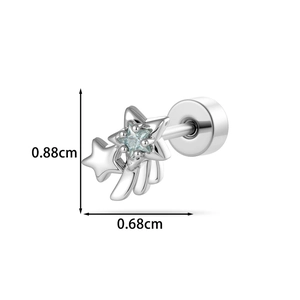 Silver star wing cartilage earring with blue gem showing 0.88cm by 0.68cm size dimensions