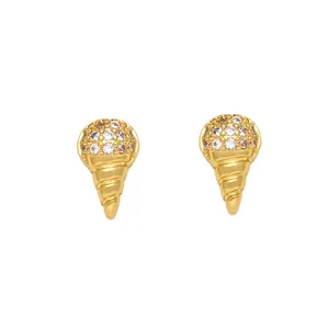 Golden ice cream cone stud earrings with sparkling clear zircons and spiral texture detail