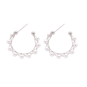 Elegant silver C-shaped hoop earrings with woven mesh texture and white pearls