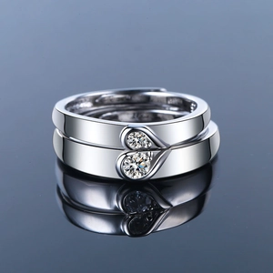 Romantic silver-plated heart puzzle couple rings with adjustable bands and bright stones