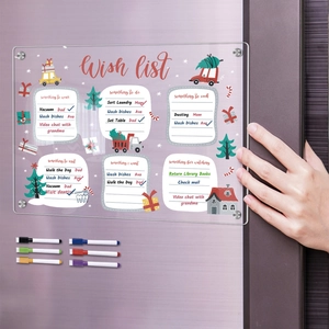 Macro detail of acrylic magnetic weekly calendar with Christmas motif and colorful markers
