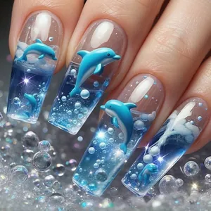 Detail view of 3D dolphin nail charms and water droplet accents on blue press-on nails