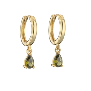 18K gold hoop earrings with olive green teardrop zircon pendants and classic 3-prong setting