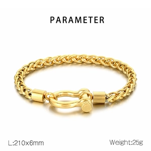 Detail of gold keel chain bracelet with horseshoe shackle clasp, 210x6mm size