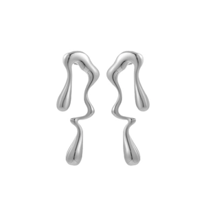 Minimalist liquid metal style silver geometric earrings with flowing lava design for women