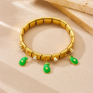 Gold stainless steel chain bracelet with avocado enamel pendant and white rhinestones